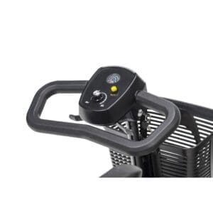 Close-up of a black shopping cart handle with a control panel.