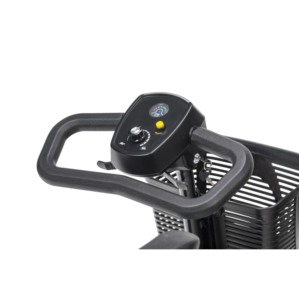 Close-up of a black shopping cart handle with a control panel.