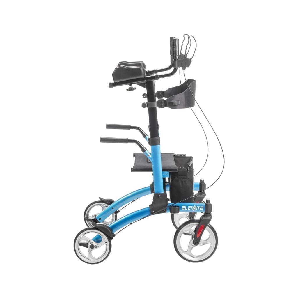 A blue four-wheeled walker with a seat and storage basket.