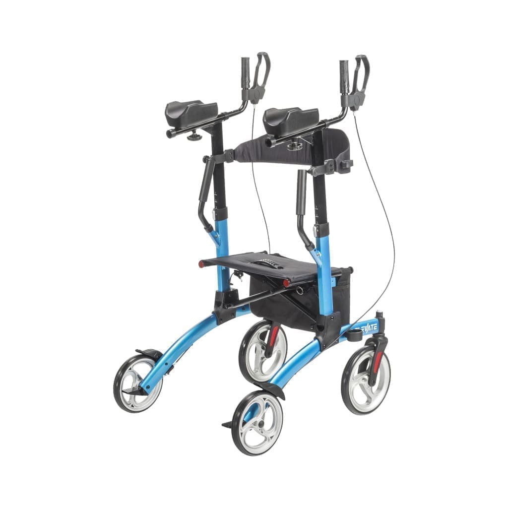 A blue mobility walker with four wheels and seat support.