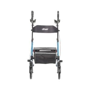 Blue and black rollator walker with storage bag and seat.
