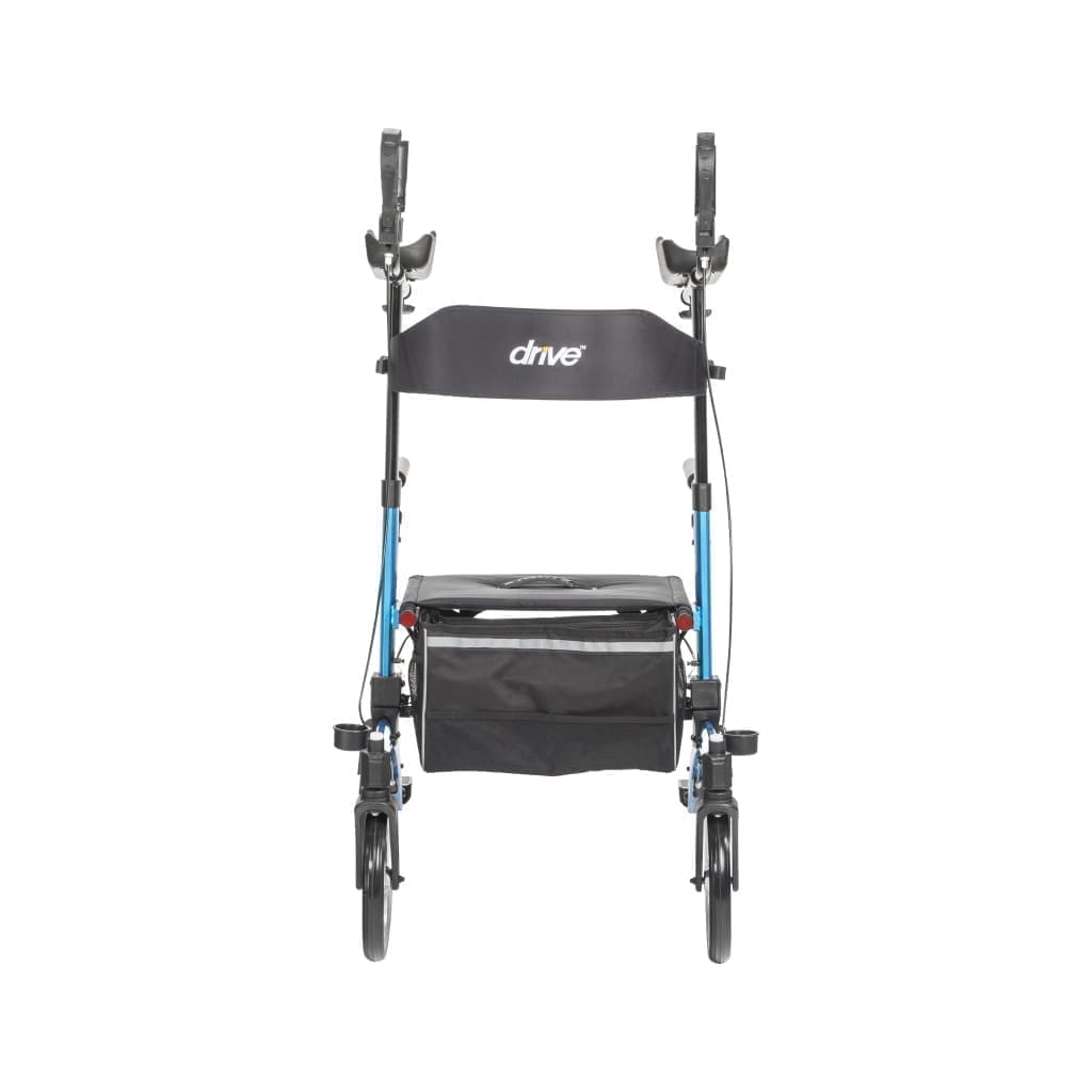 Blue and black rollator walker with storage bag and seat.