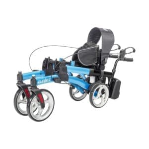Blue motorized wheelchair with a comfortable seat and storage pouch.
