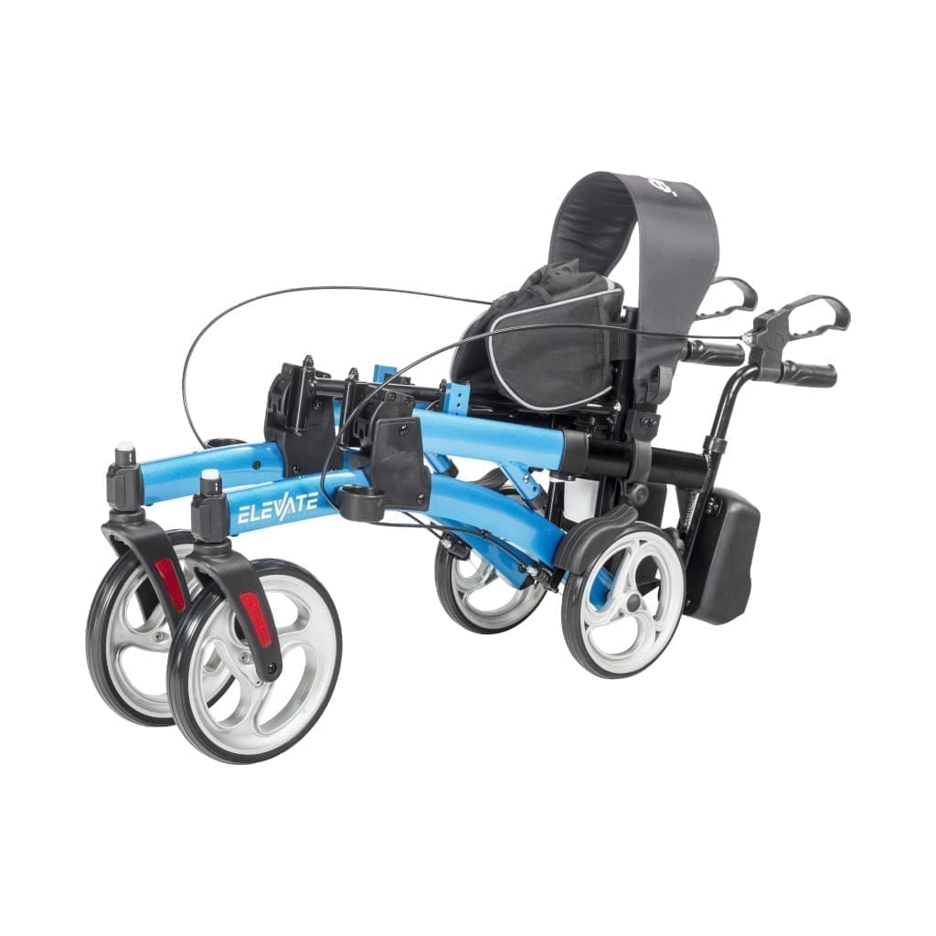 Blue motorized wheelchair with a comfortable seat and storage pouch.