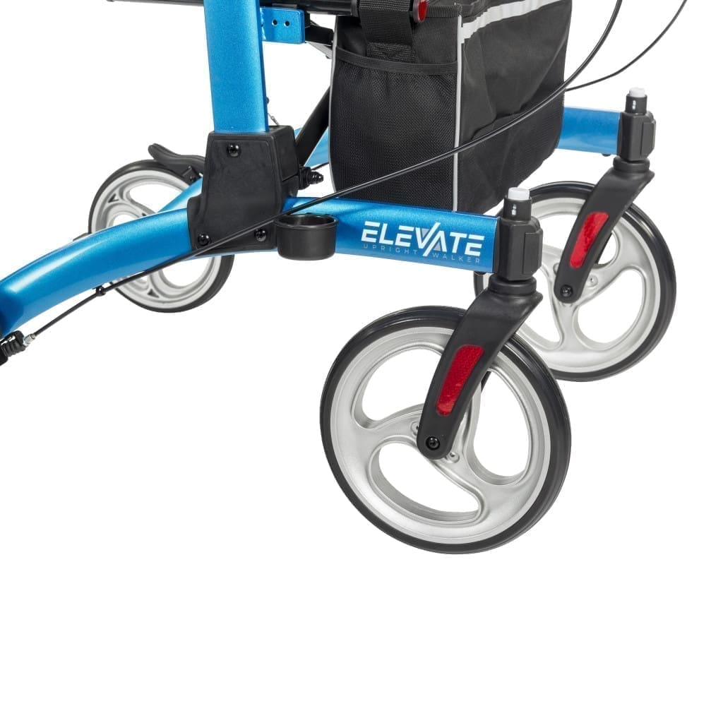 Close-up of a blue mobility walker wheel and frame.