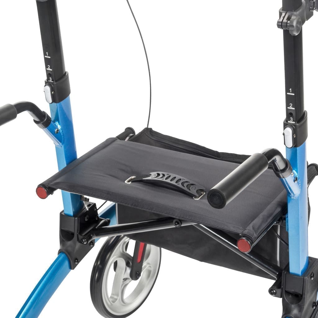 Close-up of a blue walker with a black storage pouch.