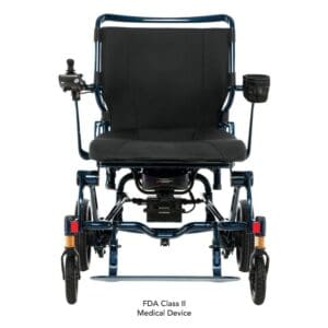 Black motorized wheelchair with sturdy frame and adjustable armrests.