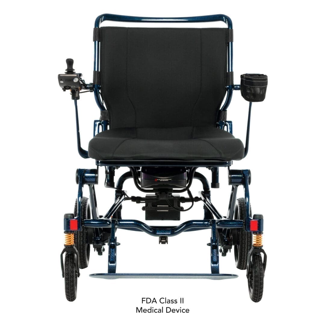 Black motorized wheelchair with sturdy frame and adjustable armrests.