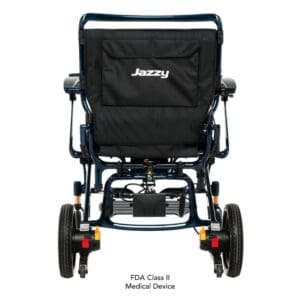 Black electric wheelchair with sturdy frame and wheels.