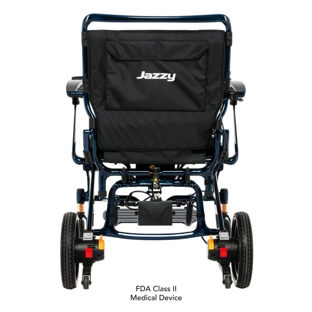 Black electric wheelchair with sturdy frame and wheels.