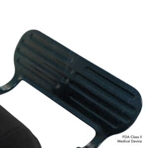 Black, ribbed, modern chair with metal armrest detail.