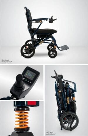 Compact, foldable electric wheelchair with digital controls and sturdy design.