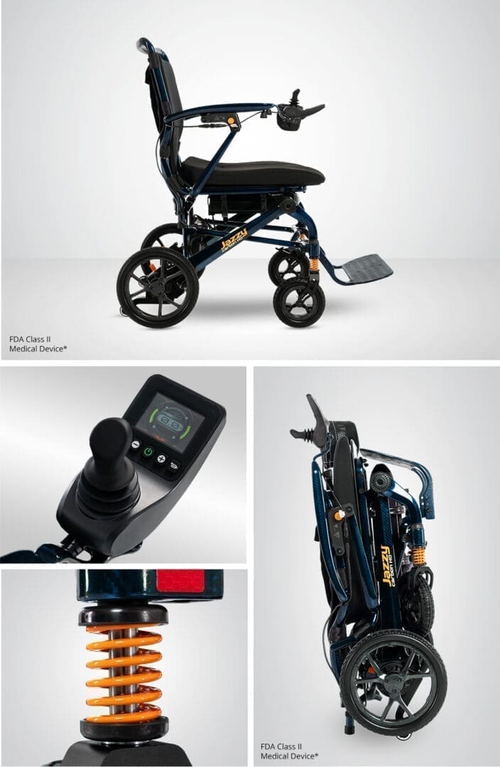 Compact, foldable electric wheelchair with digital controls and sturdy design.