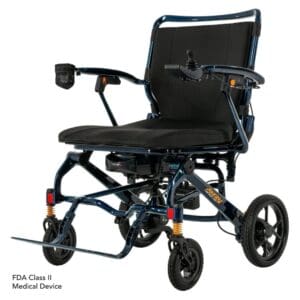 Black lightweight wheelchair with padded armrests and footrests.