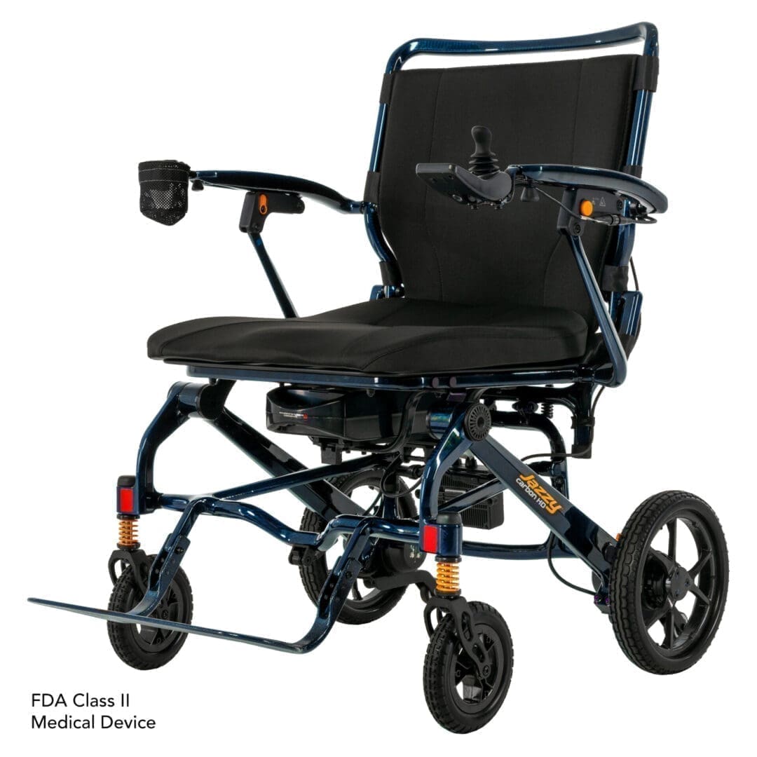 Black lightweight wheelchair with padded armrests and footrests.