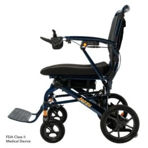 Side view of a sleek, modern electric wheelchair with padded seating.