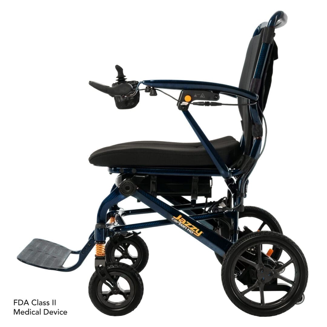 Side view of a sleek, modern electric wheelchair with padded seating.