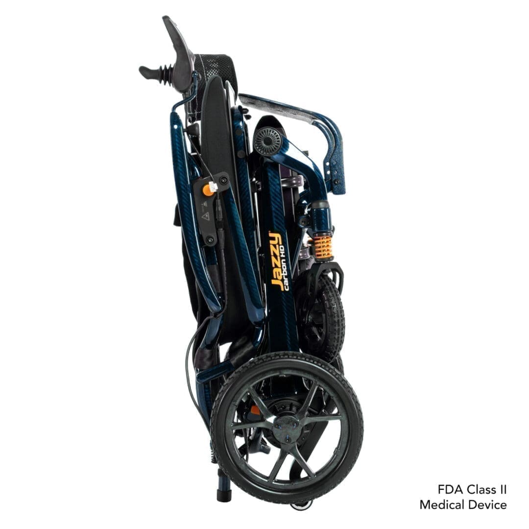Folded modern electric wheelchair with sleek design and large rear wheels.
