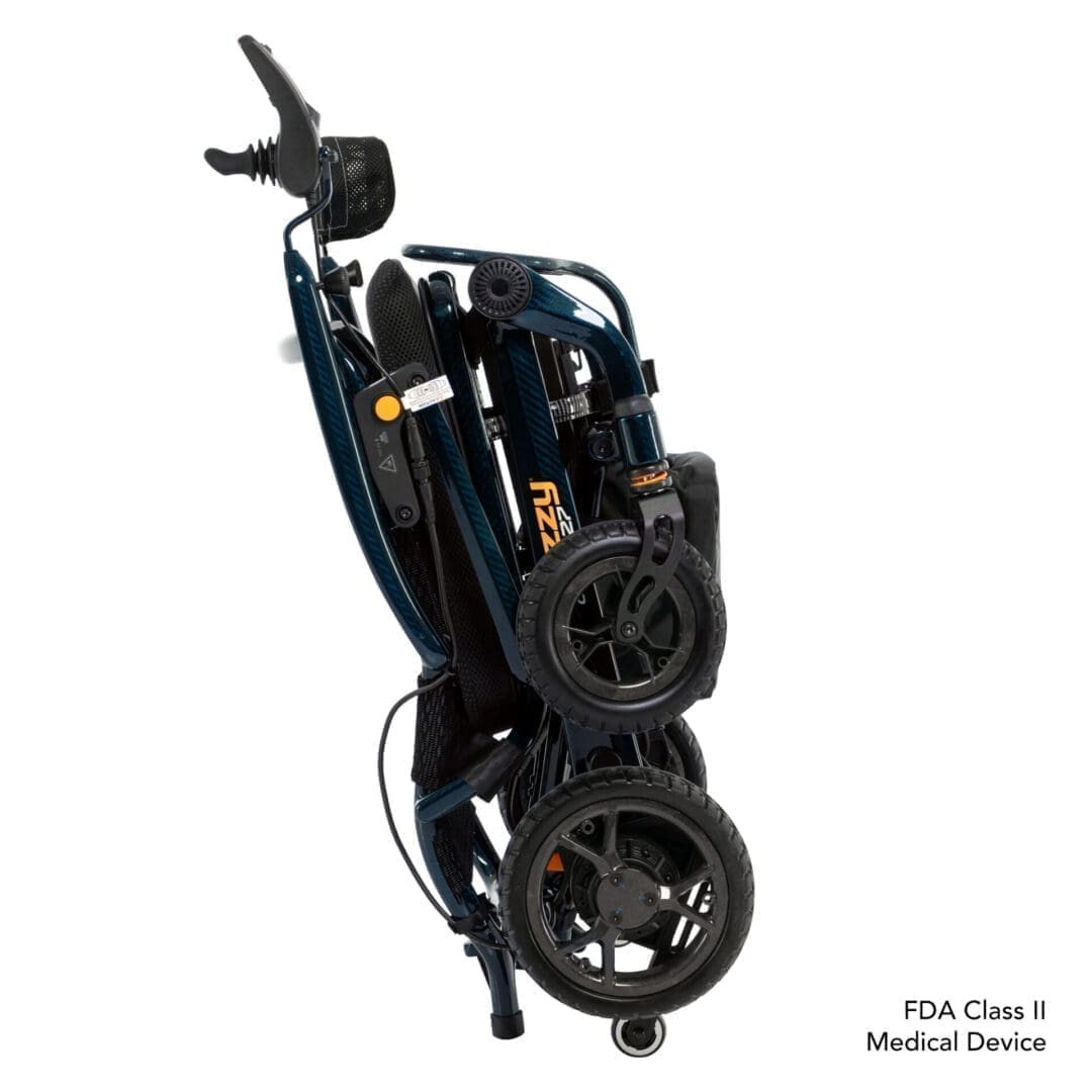 Folded black electric wheelchair with compact design.
