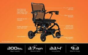 Electric wheelchair with detailed features against an orange background.