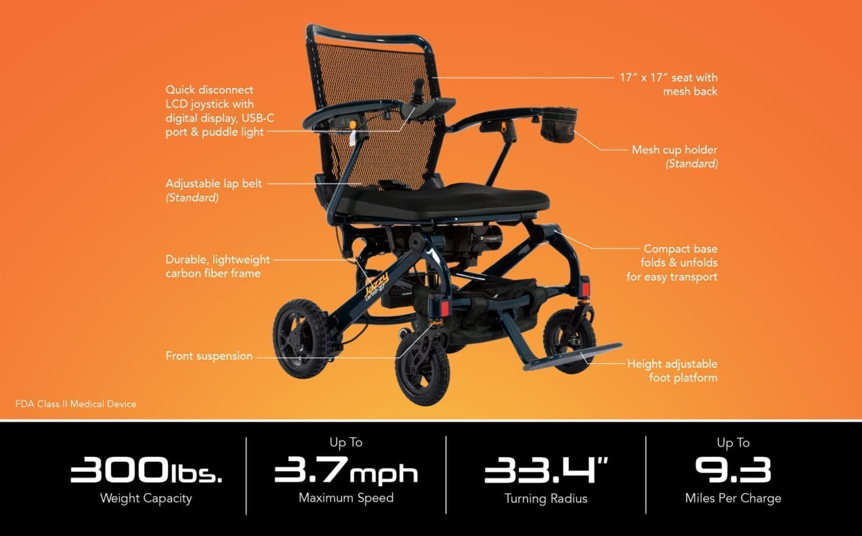 Electric wheelchair with detailed features against an orange background.