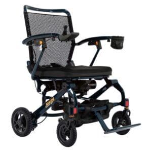 A compact black electric wheelchair with a mesh backrest and footrests.