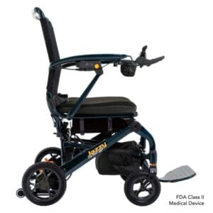 Compact electric mobility scooter with a sturdy frame and comfortable seat.