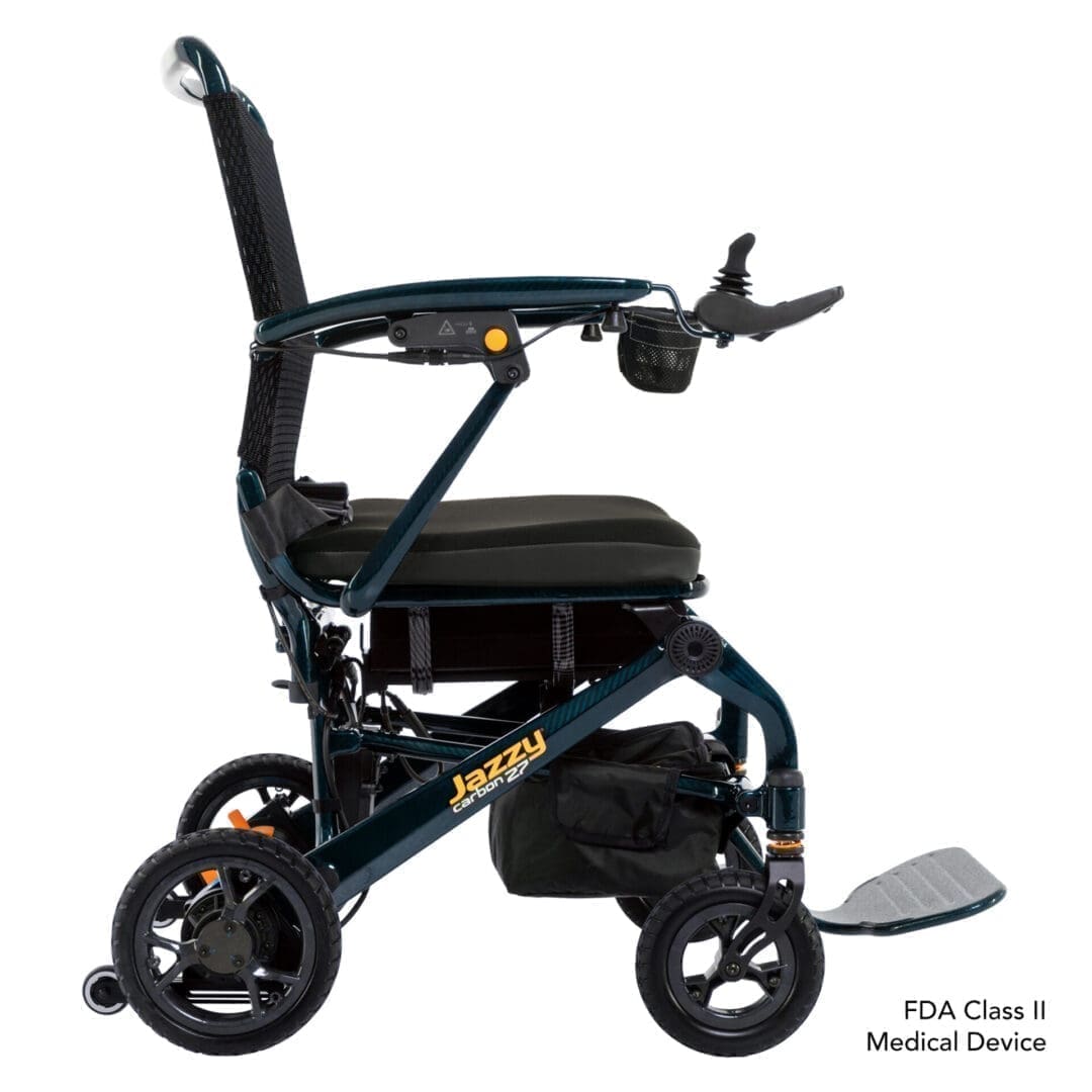 Compact electric mobility scooter with a sturdy frame and comfortable seat.