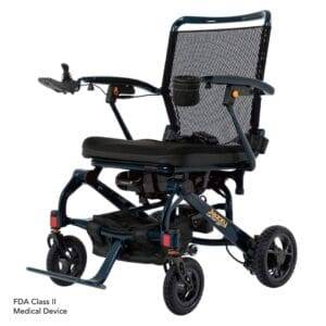 A black motorized wheelchair with mesh seat and armrests.