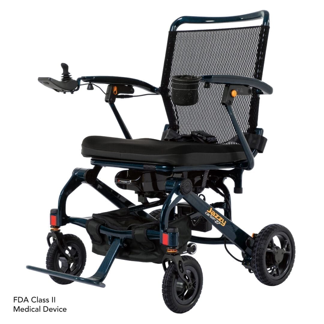 A black motorized wheelchair with mesh seat and armrests.