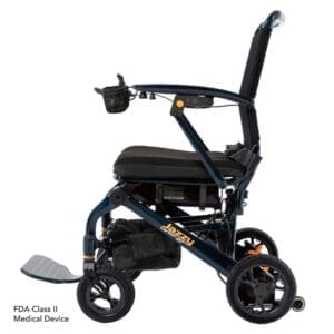 Compact wheelchair with sturdy frame and small wheels for maneuverability.