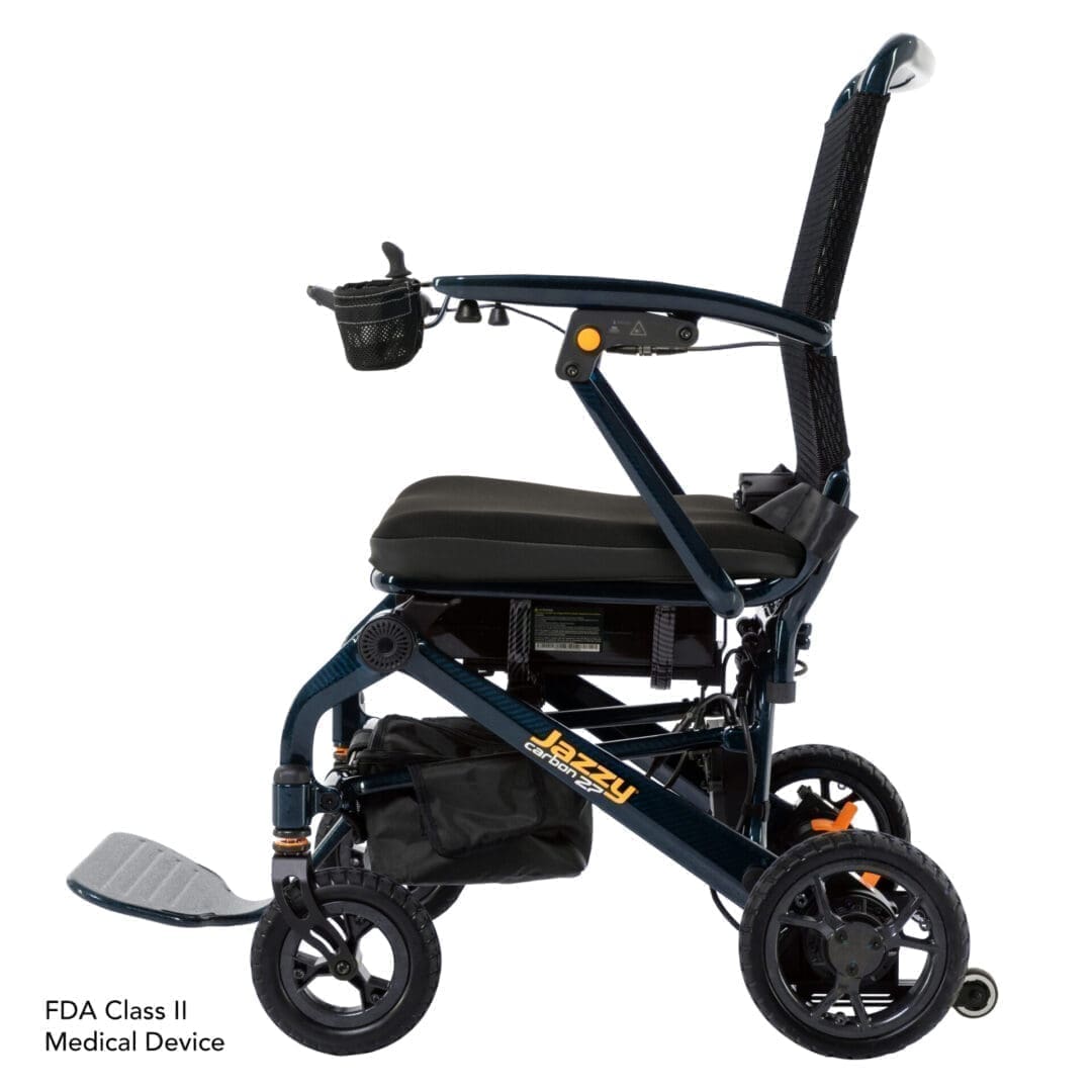 Compact wheelchair with sturdy frame and small wheels for maneuverability.