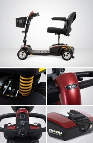 Compact red electric mobility scooter with close-ups on suspension and controls.