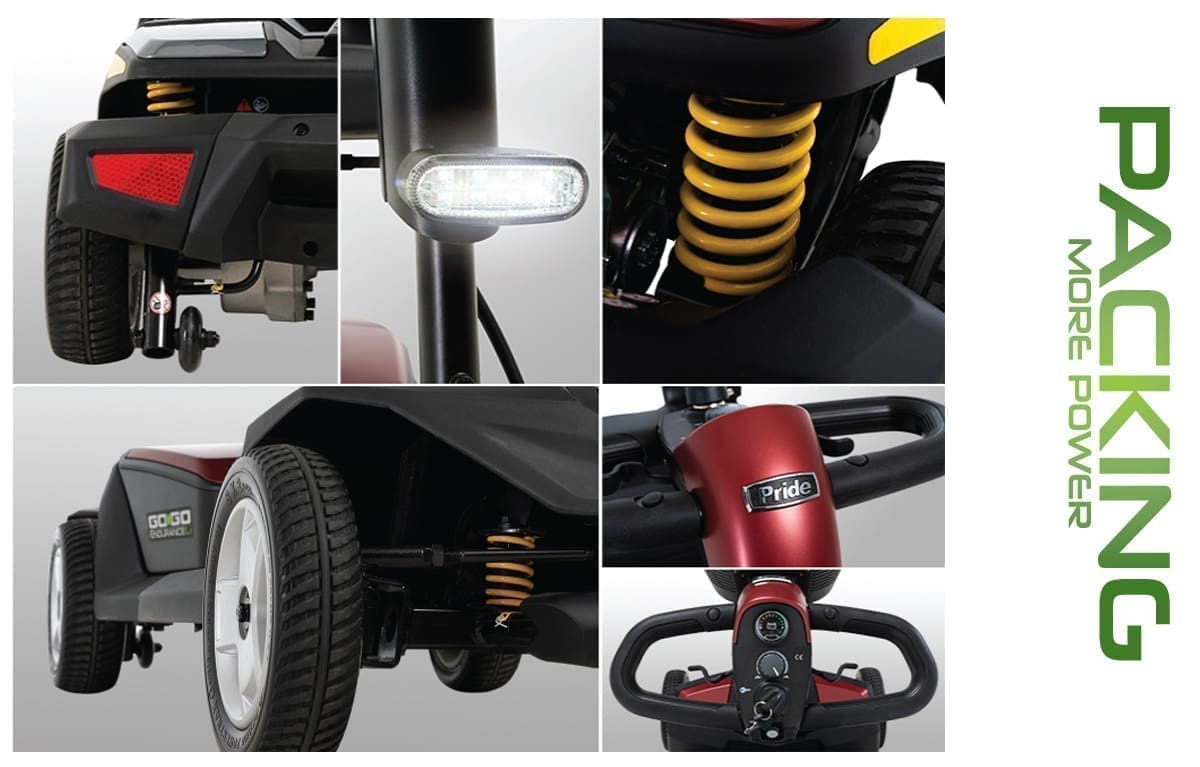 Close-up views of an electric scooter's suspension and wheel details.