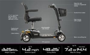 A black mobility scooter with labeled dimensions and specifications.