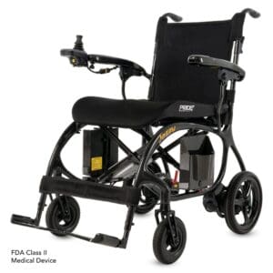 Modern black wheelchair with ergonomic design and footrests.