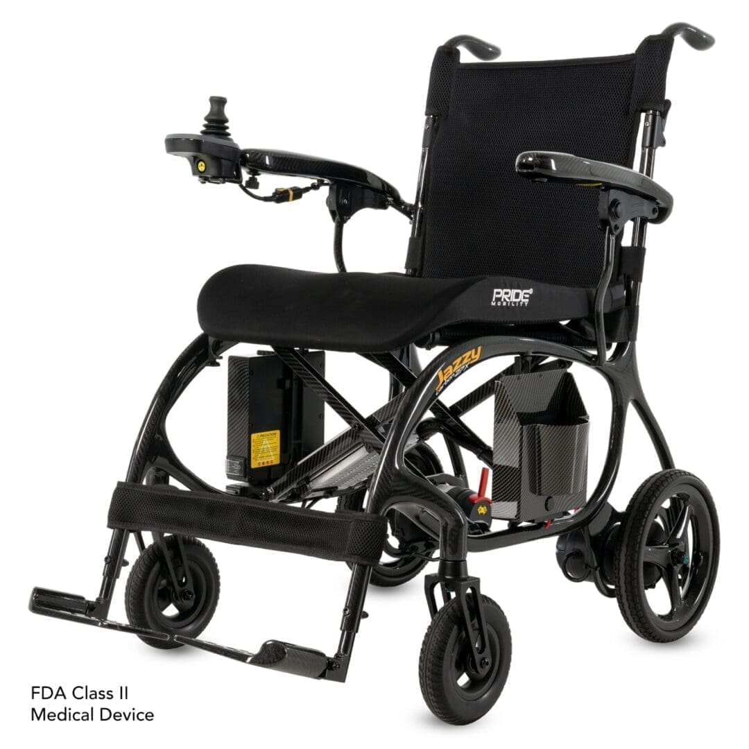 Modern black wheelchair with ergonomic design and footrests.
