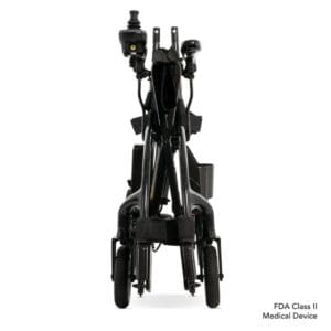 Folded black stroller viewed from the front against a white background.