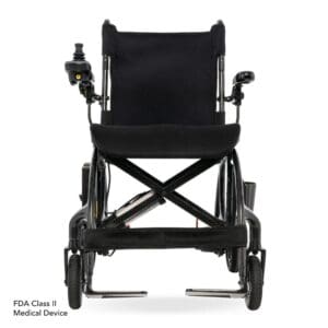 Black classic wheelchair with manual controls and footrests.