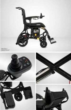 Modern powered wheelchair with joystick control and sturdy frame.