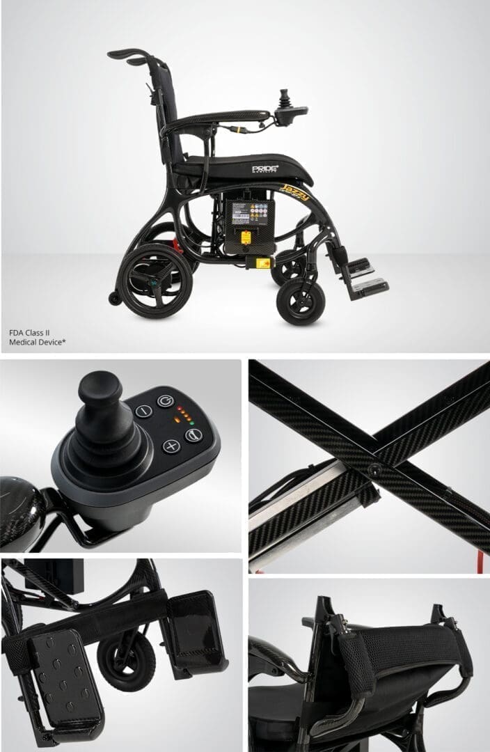 Modern powered wheelchair with joystick control and sturdy frame.