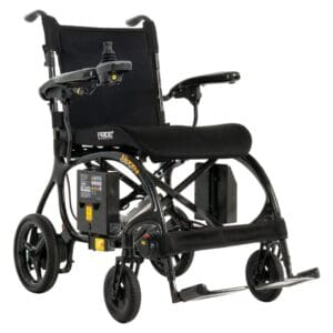 A modern electric wheelchair with black upholstery and sturdy wheels.